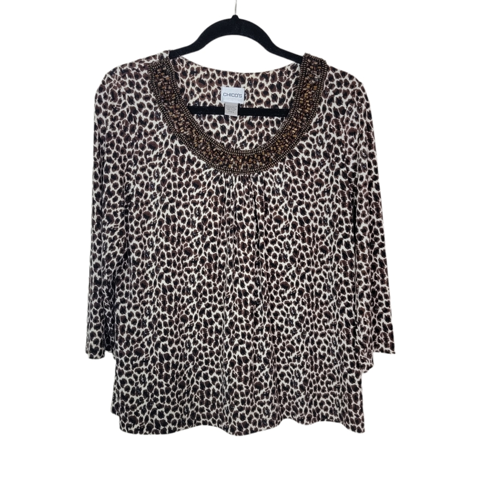 Chicos Beaded Leopard Animal Print Long‎ Sleeve Stretch Knit Top  Size 3